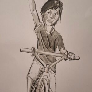 dibujo a tinta niño en bicicleta
