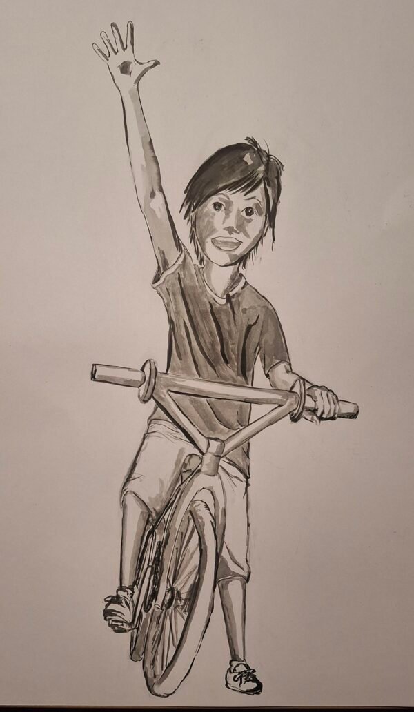 dibujo a tinta niño en bicicleta